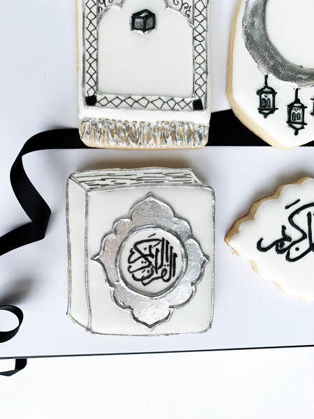 Ramadan gift cookie set- Ramadan kareem, Quran book, a prayer mat and a moon with lantern