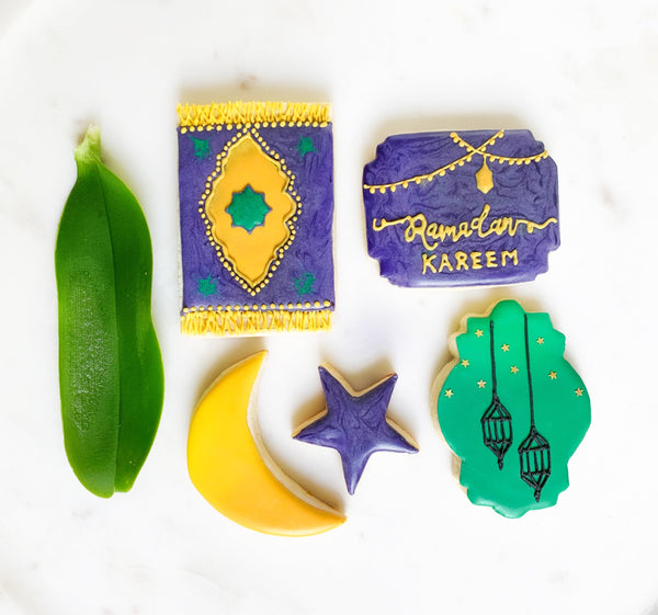 Ramadan cookie set - Ramadan kareen banner, moon and star , lantern and prayer rug