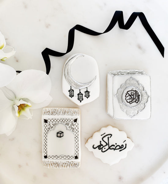 Ramadan gift cookie set- Ramadan kareem, Quran book, a prayer mat and a moon with lantern
